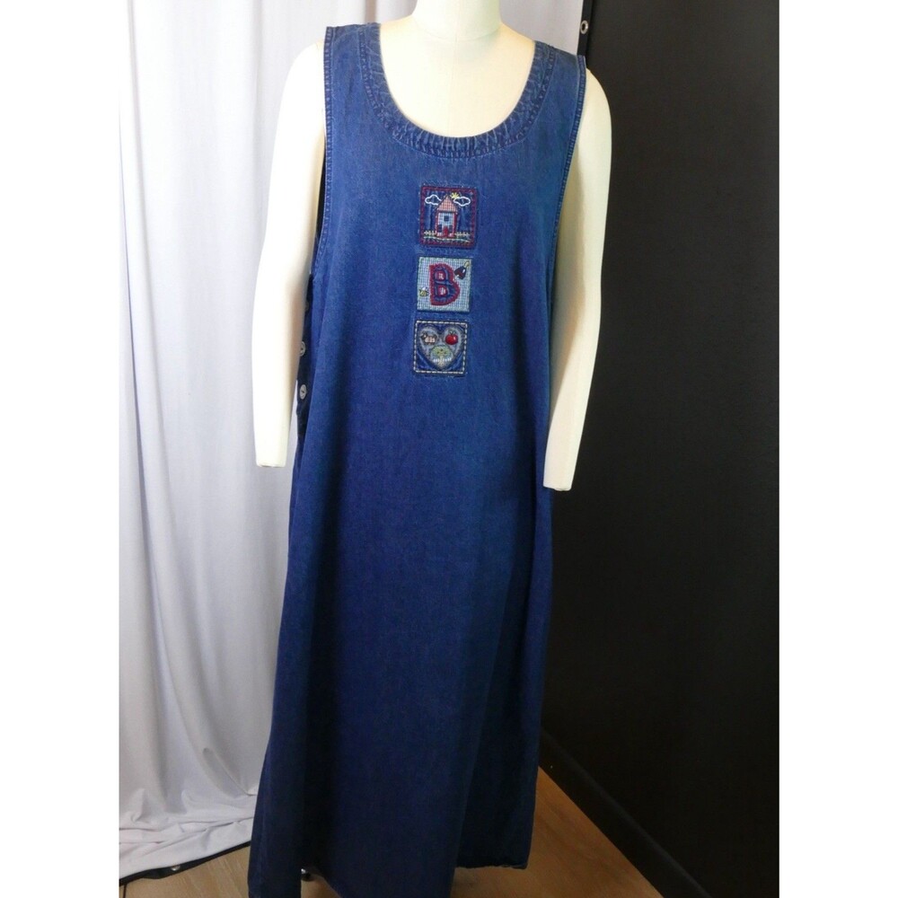 Vintage Denim Jumper Dress Cottagecore Button Side Midi Sz XL Teacher Grandma